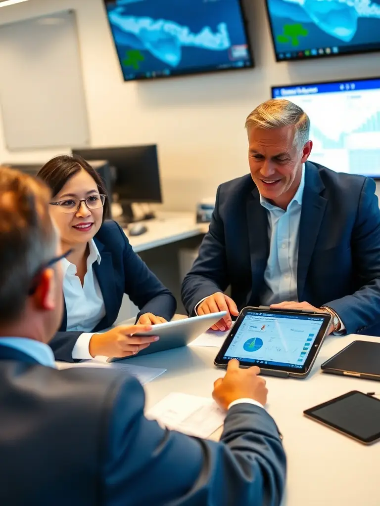 A customer service representative consulting with a fleet manager over digital tablets.