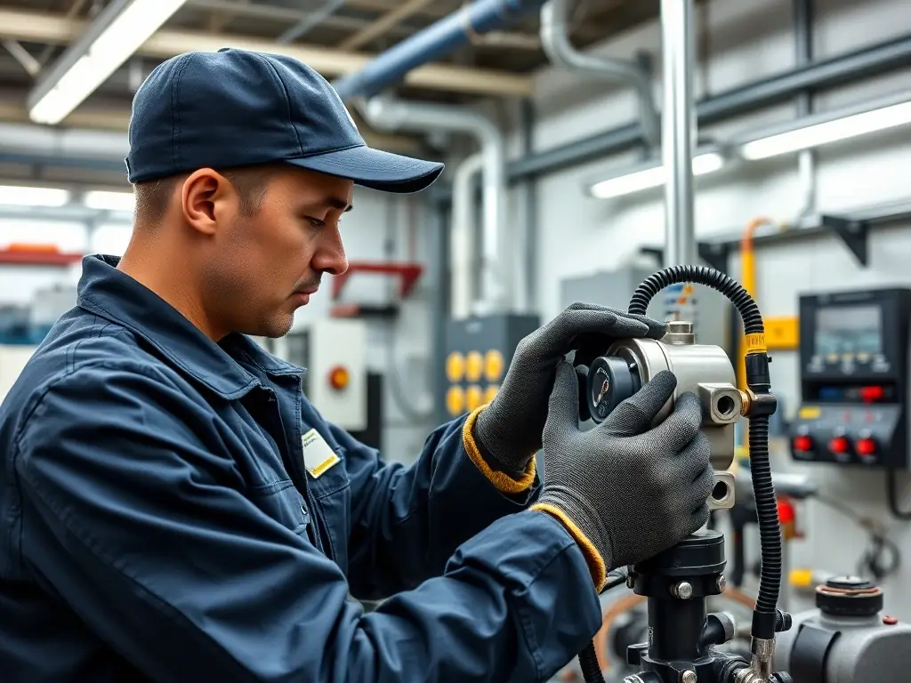 A technician performing maintenance on a fuel delivery system, highlighting the premium service plans. The setting is a well-equipped service area, indicating professionalism and expertise.
