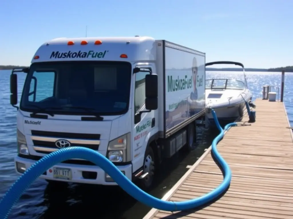 A fuel truck delivering fuel to a boat at a marina, showcasing on-site fueling services. The scene is set during a sunny day, emphasizing convenience and accessibility.