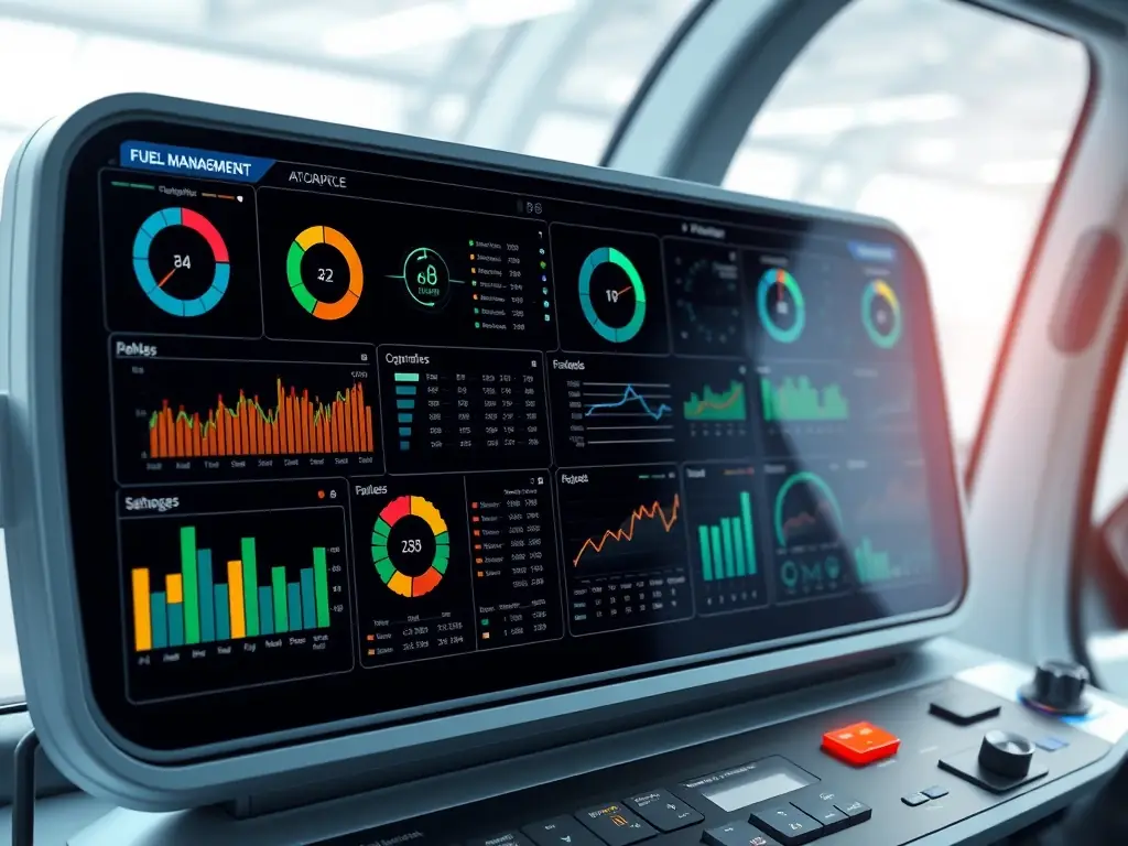 A digital dashboard displaying fleet tracking and fuel usage analytics, representing fleet support tools. The interface is modern and user-friendly, emphasizing efficiency and data-driven decision-making.
